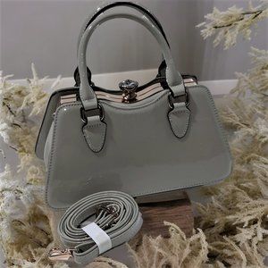 Shiny Patent Leather, Top Handle, Light Beige Handbag For Women